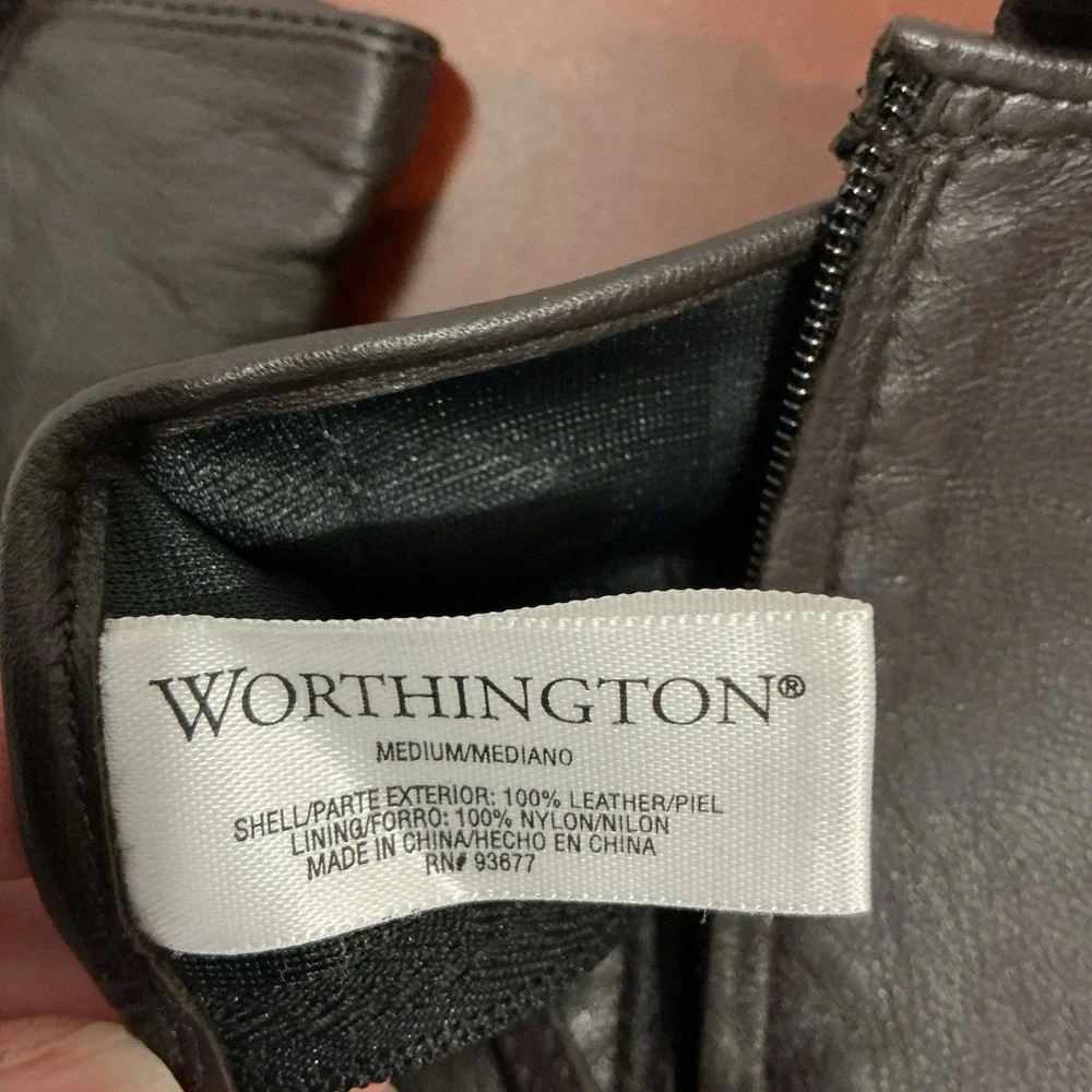Worthington Black Leather Gloves Women's‎ Lined w/ Zipper Dress Gloves Sz Medium